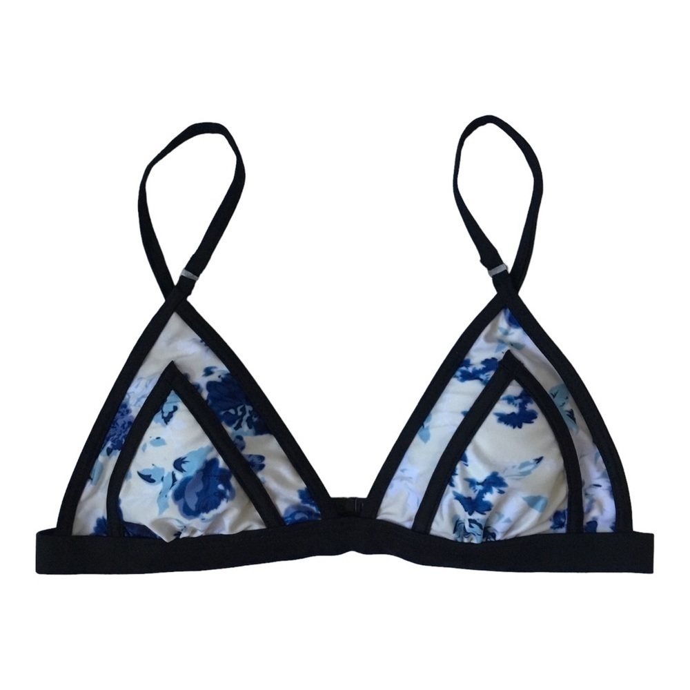 WHITE and Blue Floral Bikini Top with Black Trim and Adjustable Straps - Size M